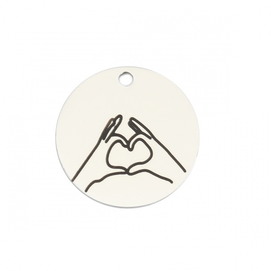 Picture of 304 Stainless Steel Charms Love Hand Sign Gesture Aluminum Tone Black Round 20mm Dia., 1 Piece