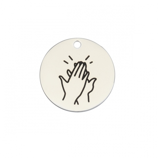 Picture of 304 Stainless Steel Charms High-Five Hand Sign Gesture Silver Tone Black Round 20mm Dia., 1 Piece