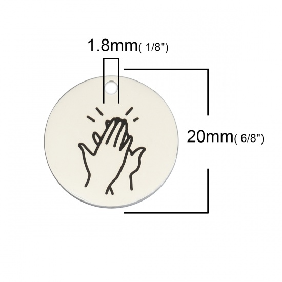 Picture of 304 Stainless Steel Charms High-Five Hand Sign Gesture Silver Tone Black Round 20mm Dia., 1 Piece