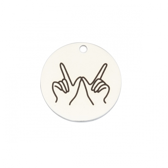 Picture of 304 Stainless Steel Charms V Victory Hand Sign Gesture Silver Tone Black Round 20mm Dia., 1 Piece