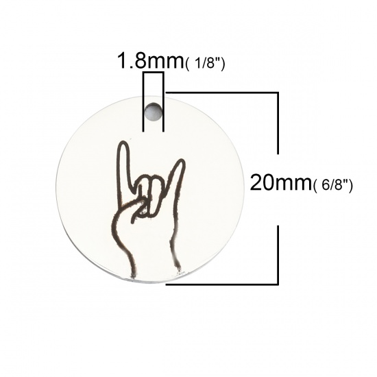 Picture of 304 Stainless Steel Charms Rock N Roll Hand Sign Gesture Silver Tone Black Round 20mm Dia., 1 Piece