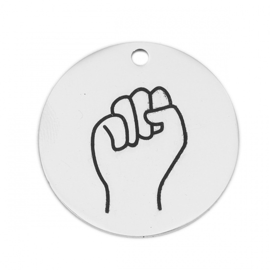 Picture of 304 Stainless Steel Pendants Fist Power Hand Sign Gesture Silver Tone Black Round 3cm Dia., 1 Piece