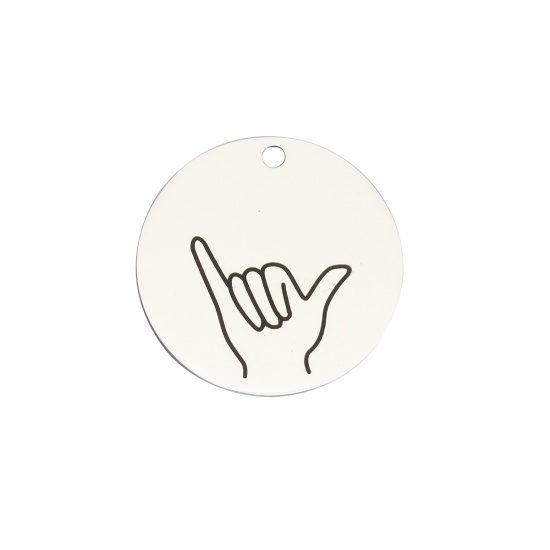 Picture of 304 Stainless Steel Pendants Call Me Hand Sign Gesture Silver Tone Black Round 3cm Dia., 1 Piece