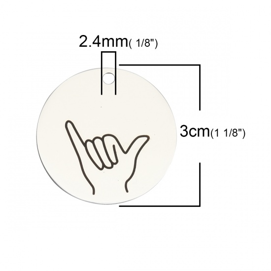Picture of 304 Stainless Steel Pendants Call Me Hand Sign Gesture Silver Tone Black Round 3cm Dia., 1 Piece