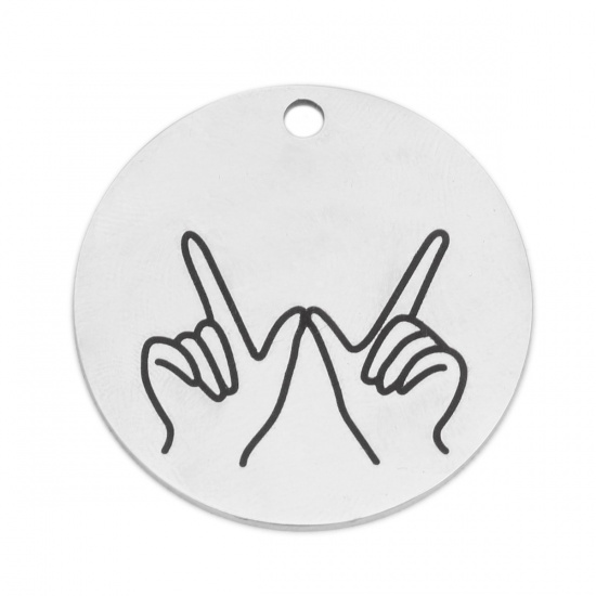 Picture of 304 Stainless Steel Pendants V Victory Hand Sign Gesture Silver Tone Black Round 3cm Dia., 1 Piece