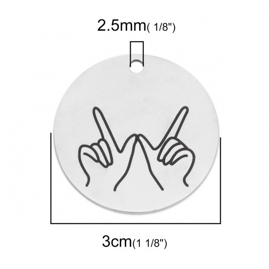 Picture of 304 Stainless Steel Pendants V Victory Hand Sign Gesture Silver Tone Black Round 3cm Dia., 1 Piece