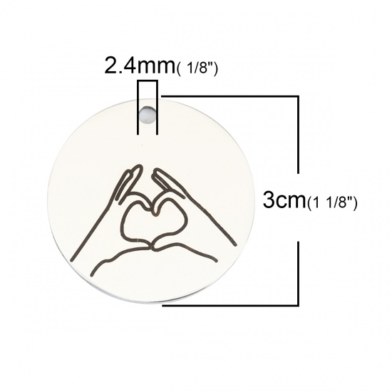 Picture of 304 Stainless Steel Pendants Love Hand Sign Gesture Silver Tone Black Round 3cm Dia., 1 Piece