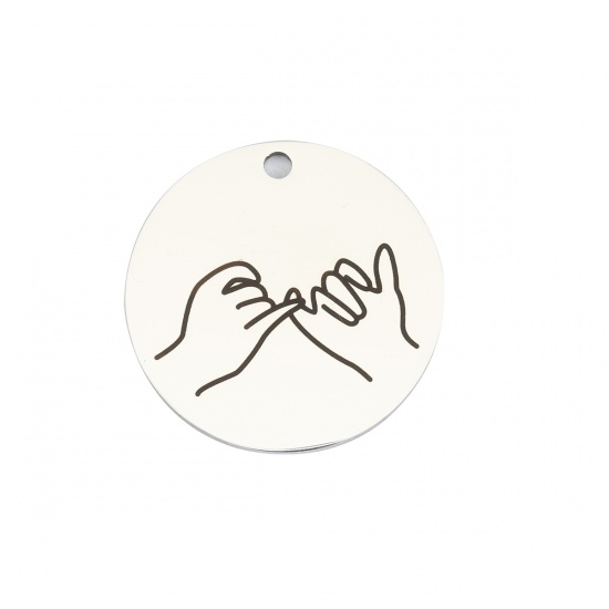 Picture of 304 Stainless Steel Pendants Pull hook Hand Sign Gesture Silver Tone Black Round 3cm Dia., 1 Piece