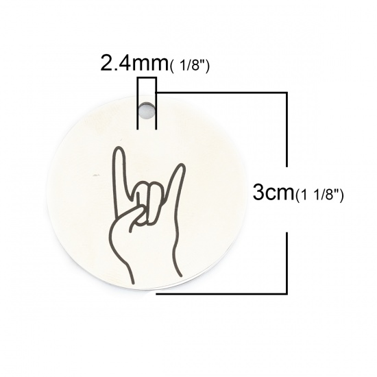 Picture of 304 Stainless Steel Pendants Rock N Roll Hand Sign Gesture Silver Tone Black Round 3cm Dia., 1 Piece