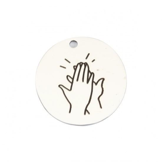 Picture of 304 Stainless Steel Pendants High-Five Hand Sign Gesture Silver Tone Black Round 3cm Dia., 1 Piece