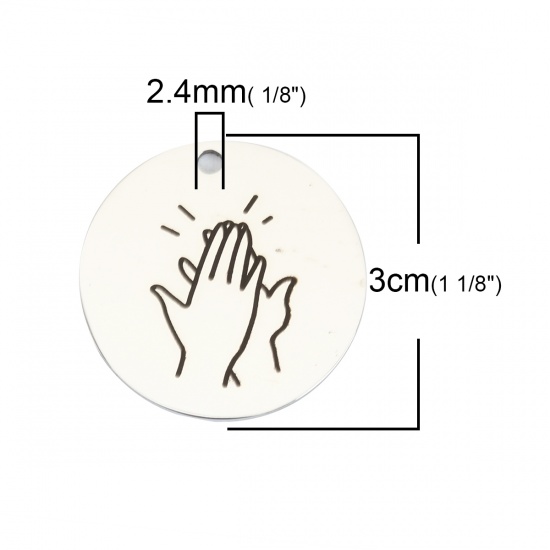 Picture of 304 Stainless Steel Pendants High-Five Hand Sign Gesture Silver Tone Black Round 3cm Dia., 1 Piece