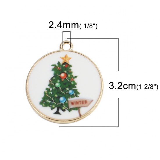 Picture of Zinc Based Alloy Pendants Round Gold Plated Christmas Tree Enamel 32mm x 28mm, 10 PCs