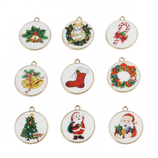 Picture of Zinc Based Alloy Pendants Round Gold Plated Christmas Tree Enamel 32mm x 28mm, 10 PCs