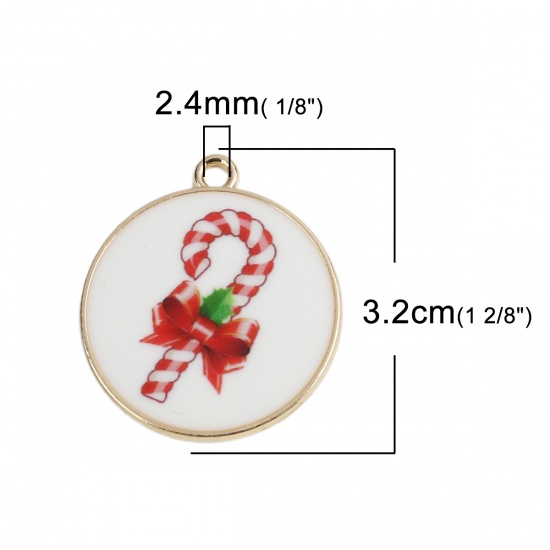 Picture of Zinc Based Alloy Pendants Round Gold Plated Christmas Candy Cane Enamel 32mm x 28mm, 10 PCs