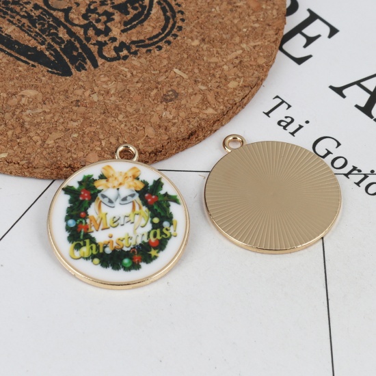 Picture of Zinc Based Alloy Pendants Round Gold Plated Christmas Wreath Enamel 32mm x 28mm, 10 PCs