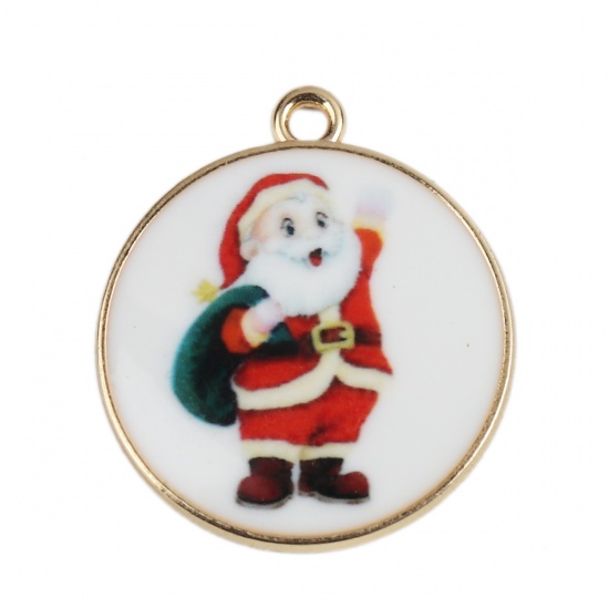 Picture of Zinc Based Alloy Pendants Round Gold Plated Christmas Santa Claus Enamel 32mm x 28mm, 10 PCs