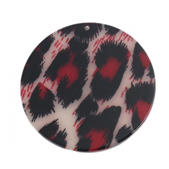 樹脂 ペンダント 円形 黒+赤 ヒョウ柄 4.7cm直径 2 個 の画像
