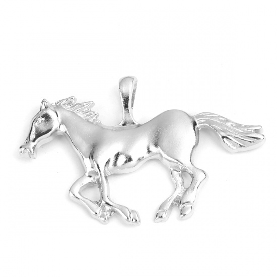 Bild von Zinklegierung Anhänger Pferd Silberfarbe 6.3cm x 4cm, 5 Stück