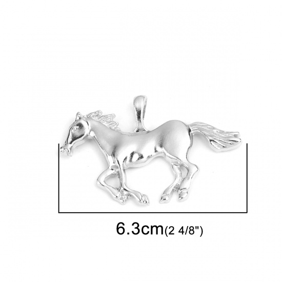 Bild von Zinklegierung Anhänger Pferd Silberfarbe 6.3cm x 4cm, 5 Stück