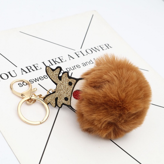 Picture of Zinc Based Alloy Keychain & Keyring Gold Plated Coffee Christmas Reindeer Pom Pom Ball Sequins 15.4cm x 7.4cm, 1 Piece