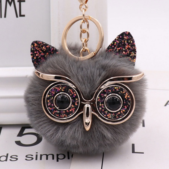 Picture of Zinc Based Alloy Keychain & Keyring Gold Plated Dark Gray Owl Animal Pom Pom Ball Sequins 12.3cm x 6.5cm, 1 Piece
