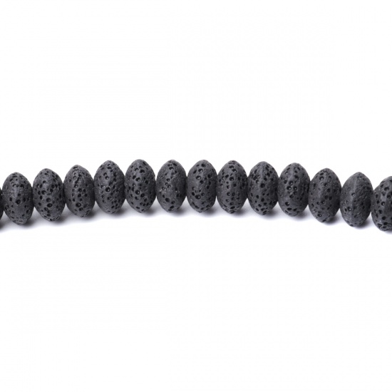 Immagine di (Grado A) Pietra Lavica ( Naturale ) Perline Ruota Nero Come 11mm x 6mm, Foro: Circa 2mm, 20cm Lunghezza, 1 Filo (Circa 32 Pz/Treccia)