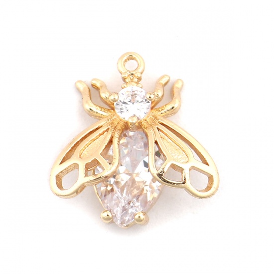 Picture of Brass Insect Charms 18K Real Gold Plated Bee Animal Clear Rhinestone 15mm x 14mm, 2 PCs