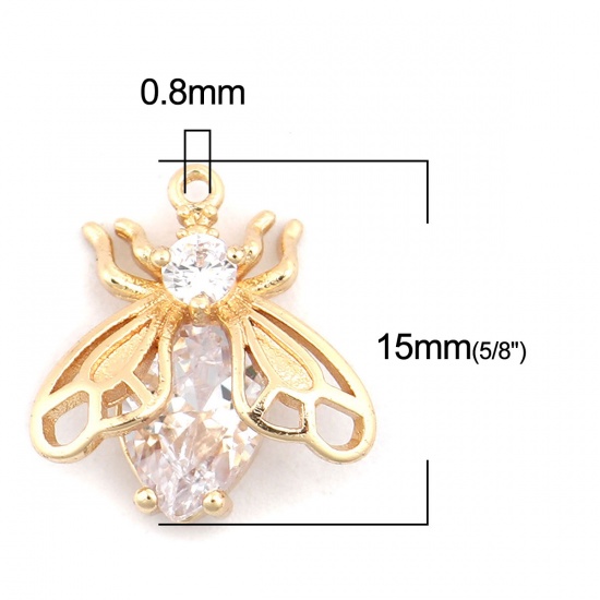 Imagen de Latón Insecto Colgantes Charms 18K Oro Real Chapado Abejas Transparente Rhinestone 15mm x 14mm, 2 Unidades