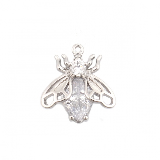 Picture of Brass Insect Charms 18K Real Platinum Plated Bee Animal White Rhinestone 15mm x 14mm, 2 PCs