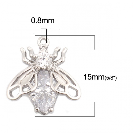 Picture of Brass Insect Charms 18K Real Platinum Plated Bee Animal White Rhinestone 15mm x 14mm, 2 PCs