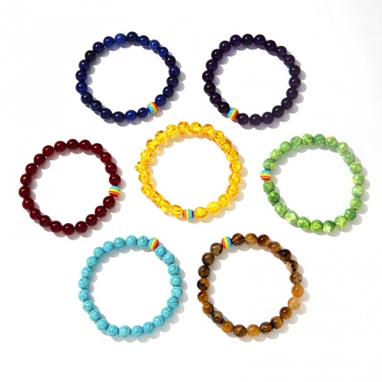 Picture of Resin Elastic Dainty Bracelets Delicate Bracelets Beaded Bracelet Yellow Multicolor Round 18cm(7 1/8") long, 1 Piece