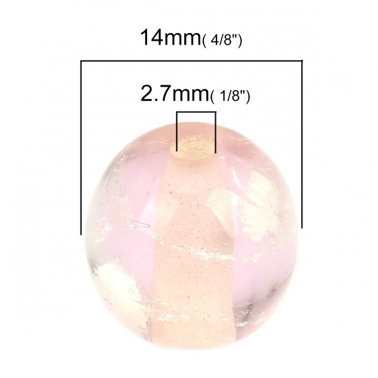 Picture of Lampwork Glass Beads Round Light Pink Christmas Snowflake Foil About 14mm Dia, Hole: Approx 2.7mm, 1 Piece
