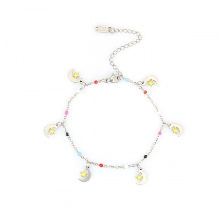 Acciaio Inossidabile Braccialetti Tono Argento Multicolore Luna Stella Smalto 17.5cm Lunghezza, 1 Pz