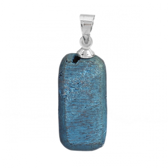 Picture of 1 Piece (Grade A) Brass & Agate ( Natural ) Druzy/ Drusy Charm Pendant Rectangle Silver Tone Blue AB Color 28mm x 10mm