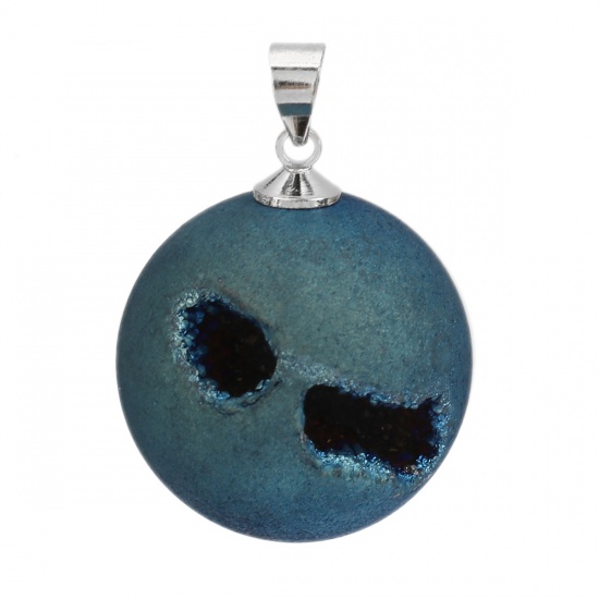Picture of (Grade A) Copper & Agate ( Natural ) Druzy/ Drusy Charms Round Silver Tone Blue AB Color 29mm x 20mm, 1 Piece