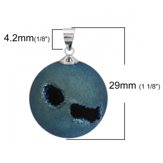Picture of (Grade A) Copper & Agate ( Natural ) Druzy/ Drusy Charms Round Silver Tone Blue AB Color 29mm x 20mm, 1 Piece