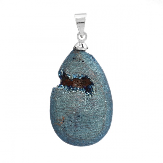 (グレードA) 銅+アゲート ( 天然 ) ドゥルージー ペンダント 滴 ドロップ シルバートーン 青 ABカラー 3.4cm x 1.7cm、 1 個 の画像