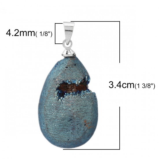 Picture of (Grade A) Brass & Agate ( Natural ) Druy/ Drusy Pendants Drop Silver Tone Blue AB Color 3.4cm x 1.7cm, 1 Piece