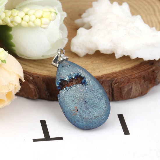 Picture of (Grade A) Brass & Agate ( Natural ) Druy/ Drusy Pendants Drop Silver Tone Blue AB Color 3.4cm x 1.7cm, 1 Piece