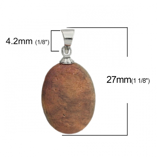 Picture of (Grade A) Agate ( Natural ) Druzy/ Drusy Charms Oval Silver Tone Brown Yellow AB Color 27mm x 14mm, 1 Piece
