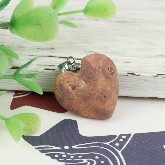 Picture of (Grade A) Agate ( Natural ) Druzy/ Drusy Charms Heart Silver Tone Brown Yellow AB Color 29mm x 22mm, 1 Piece