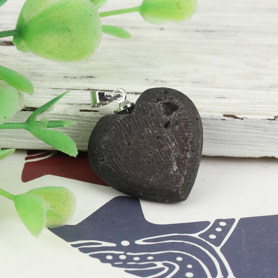 Picture of (Grade A) Agate ( Natural ) Druzy/ Drusy Charms Heart Silver Tone Dark Gray AB Color 29mm x 22mm, 1 Piece