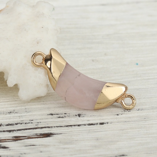 Picture of (Grade A) Rose Quartz ( Natural ) Connectors Half Moon Gold Plated Light Pink 27mm x 10mm, 1 Piece