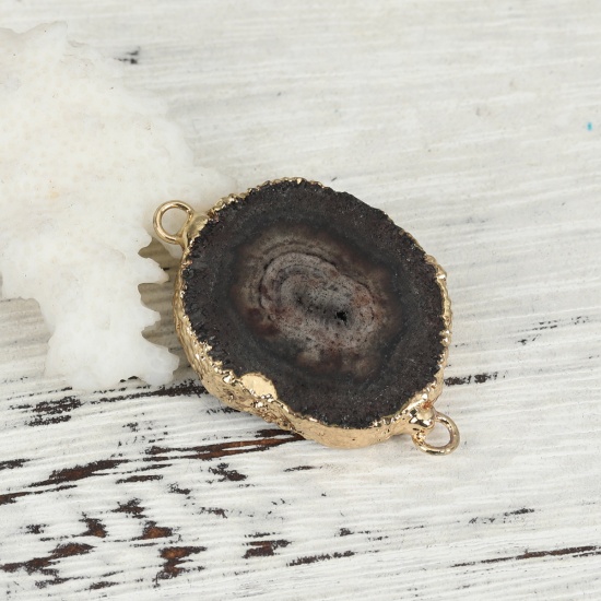 Picture of (Grade A) Agate ( Natural ) Druzy/ Drusy Connectors Irregular Gold Plated Dark Coffee 3.5cm x 2.6cm - 3.3cm x 2.1cm, 1 Piece