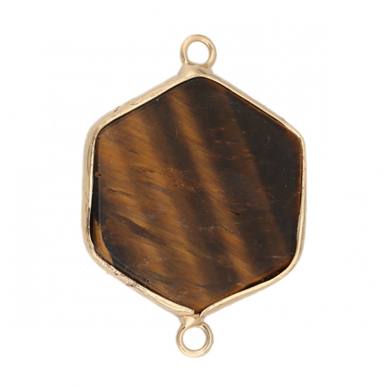 Picture of (Grade A) Tiger's Eyes ( Natural ) Connectors Hexagon Gold Plated Brown 3.5cm x 2.5cm, 1 Piece