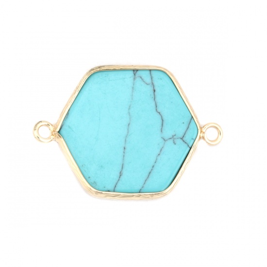 Picture of (Grade A) Turquoise ( Natural ) Connectors Hexagon Gold Plated Green Blue Crackle 3.5cm x 2.5cm, 1 Piece