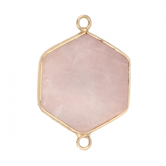 Picture of (Grade A) Rose Quartz ( Natural ) Connectors Hexagon Gold Plated Light Pink 3.5cm x 2.5cm, 1 Piece
