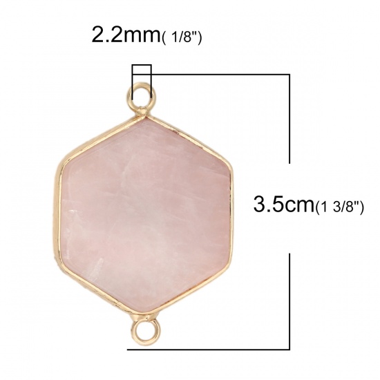 (グレードA) ローズ水晶 ( 天然 ) コネクター 六角 金メッキ 薄ピンク 3.5cm x 2.5cm、 1 個 の画像
