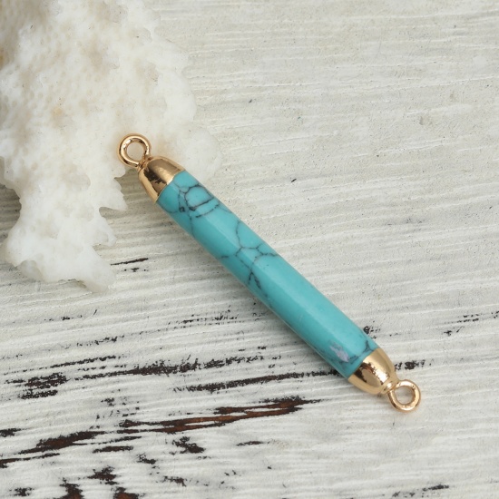 Picture of (Grade B) Turquoise ( Natural ) Connectors Cylinder Gold Plated Green Blue 4.5cm x 0.5cm, 1 Piece