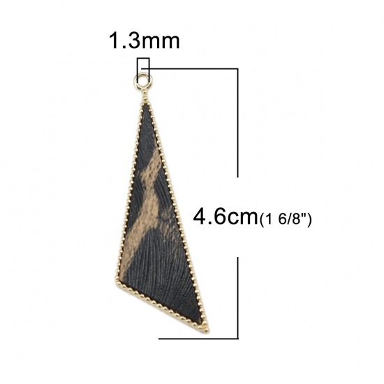Immagine di Metallo lega di zinco & PU Ciondoli Triangolo Oro Placcato Nero & Cachi Leopardo 4.6cm x 1.3cm, 5 Pz